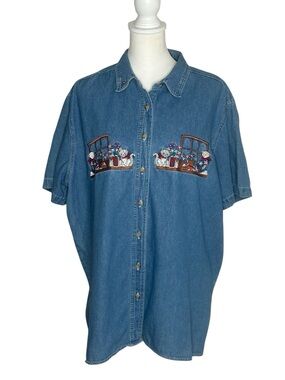 Vintage EUC Just My Size
Embroidered Cats Denim Button-Up
Top Sz 18W Grannycore